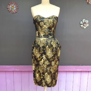 Elegant Black and Gold Vintage Boned Strapless Dress